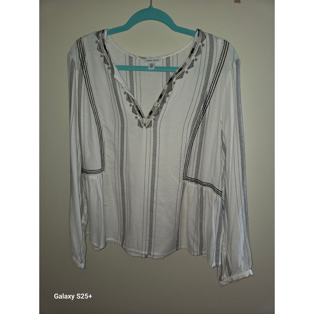 Tribal Jeans Womens White Grey Striped Embroidered Peasant Blouse Top Size M